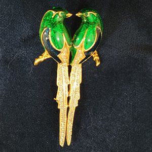Arpel enamaled parrots brooch with rhinestone tails